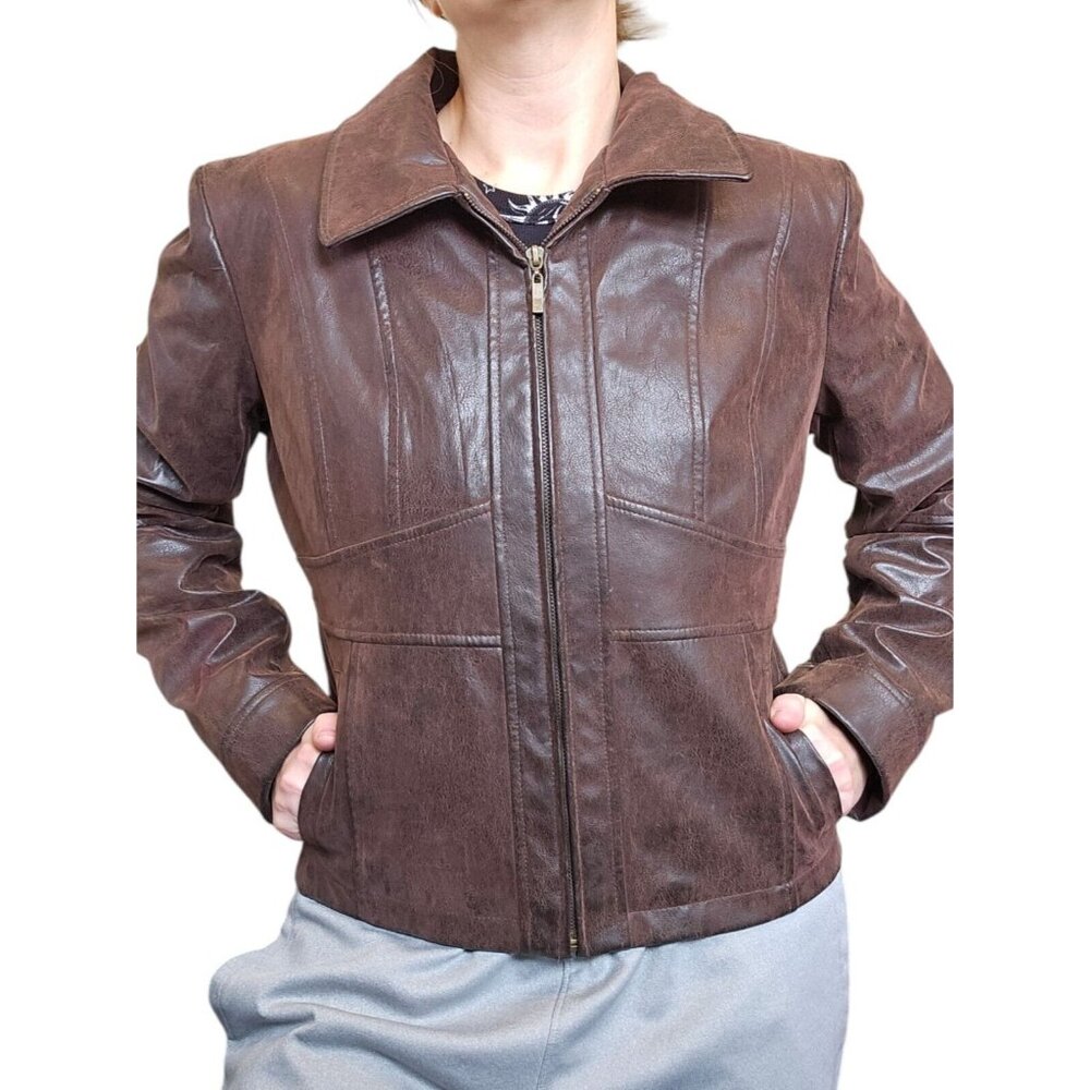 90s Womens Brown Vegan Faux Leather Jacket Distressed Babydoll Empire Waist